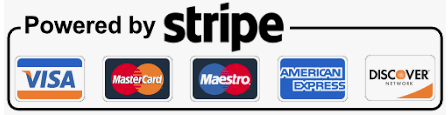 Powered by Stripe. Visa, Mastercard, Maestro, American Express and Discover accepted.